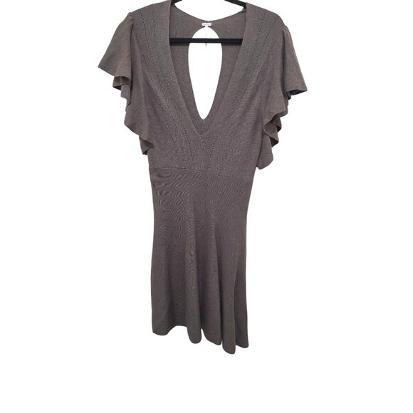 Free People Olive Green Women's Knit Flutter Sleeve Dress Deep V-Neckline & Open - Picture 1 of 8